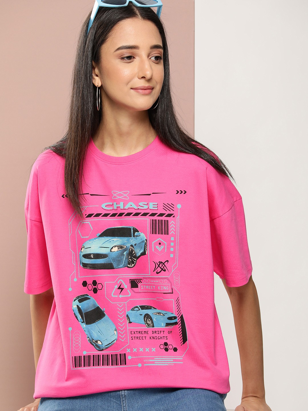 

Stormborn Women Printed Pure Cotton Oversized Drop-Shoulder T-shirt, Pink
