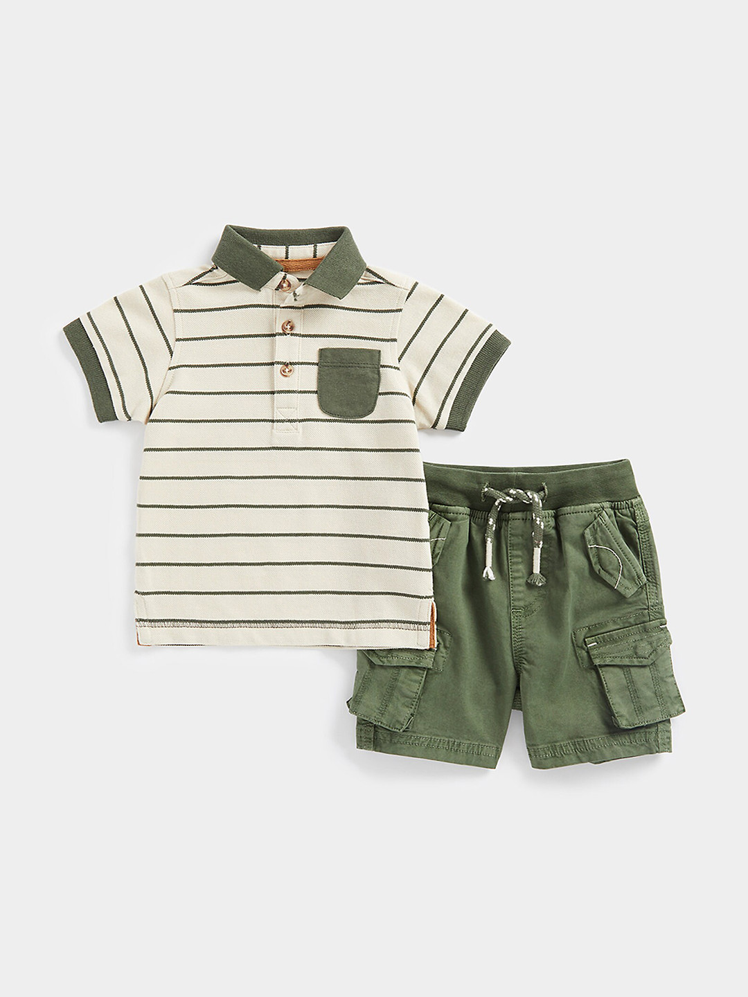 

mothercare Boys Striped Polo Collar T-shirt with Shorts, Olive