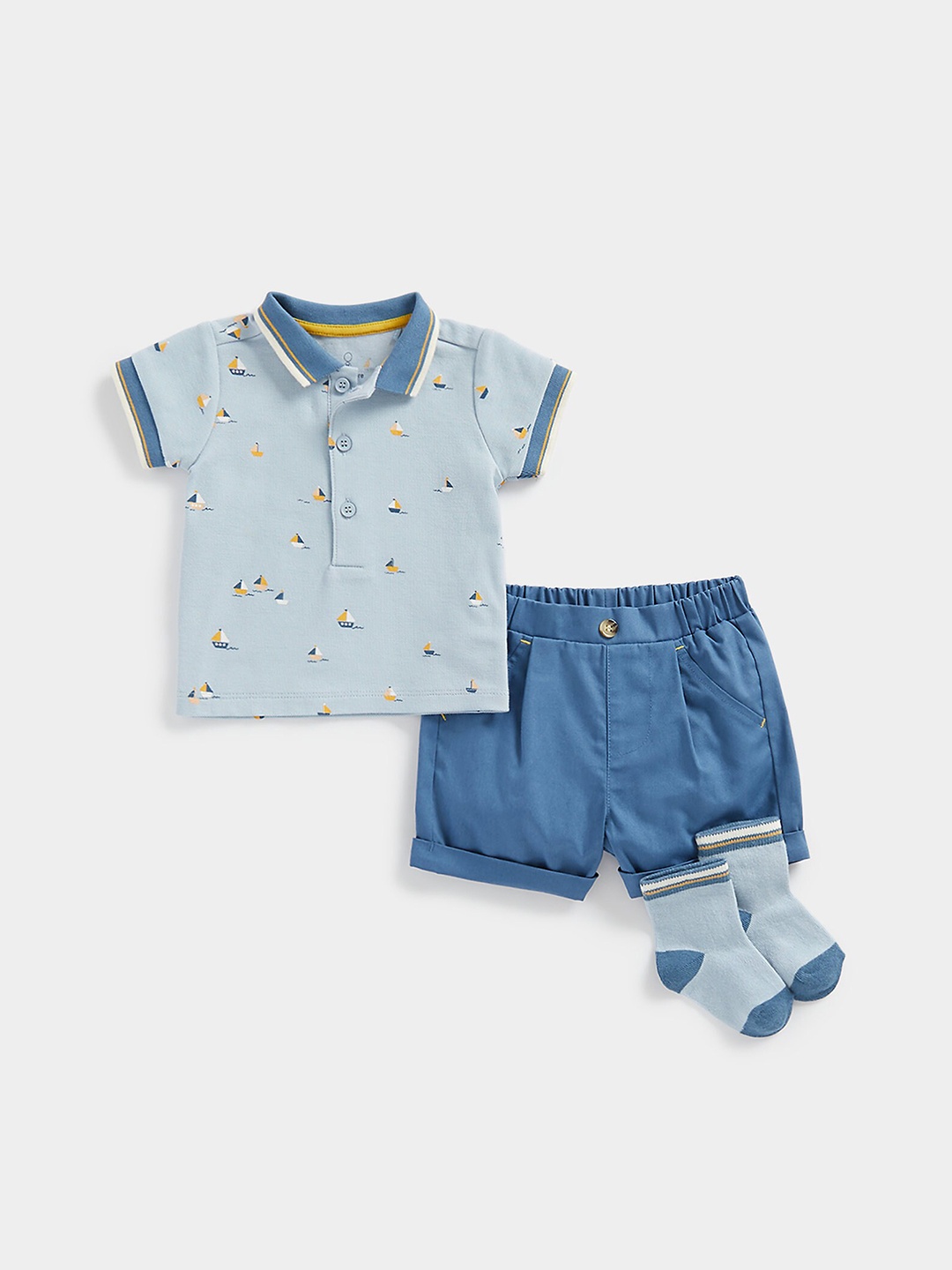 

mothercare Infants Boys Printed Polo Collar Pure Cotton T-shirt with Shorts, Blue