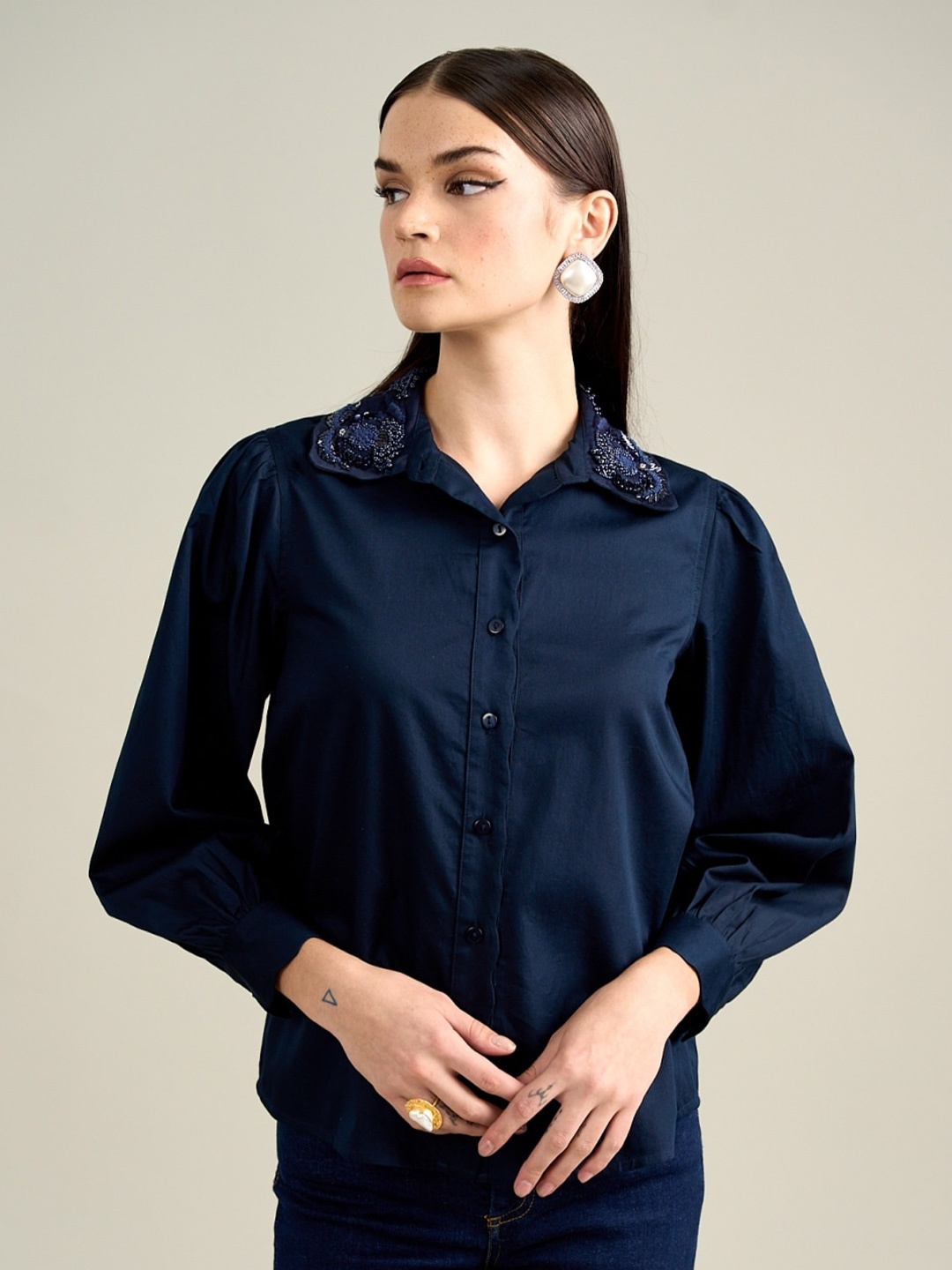 

Style Island Shirt Collar Cuffed Sleeve Embroidered Cotton Shirt Style Top, Blue