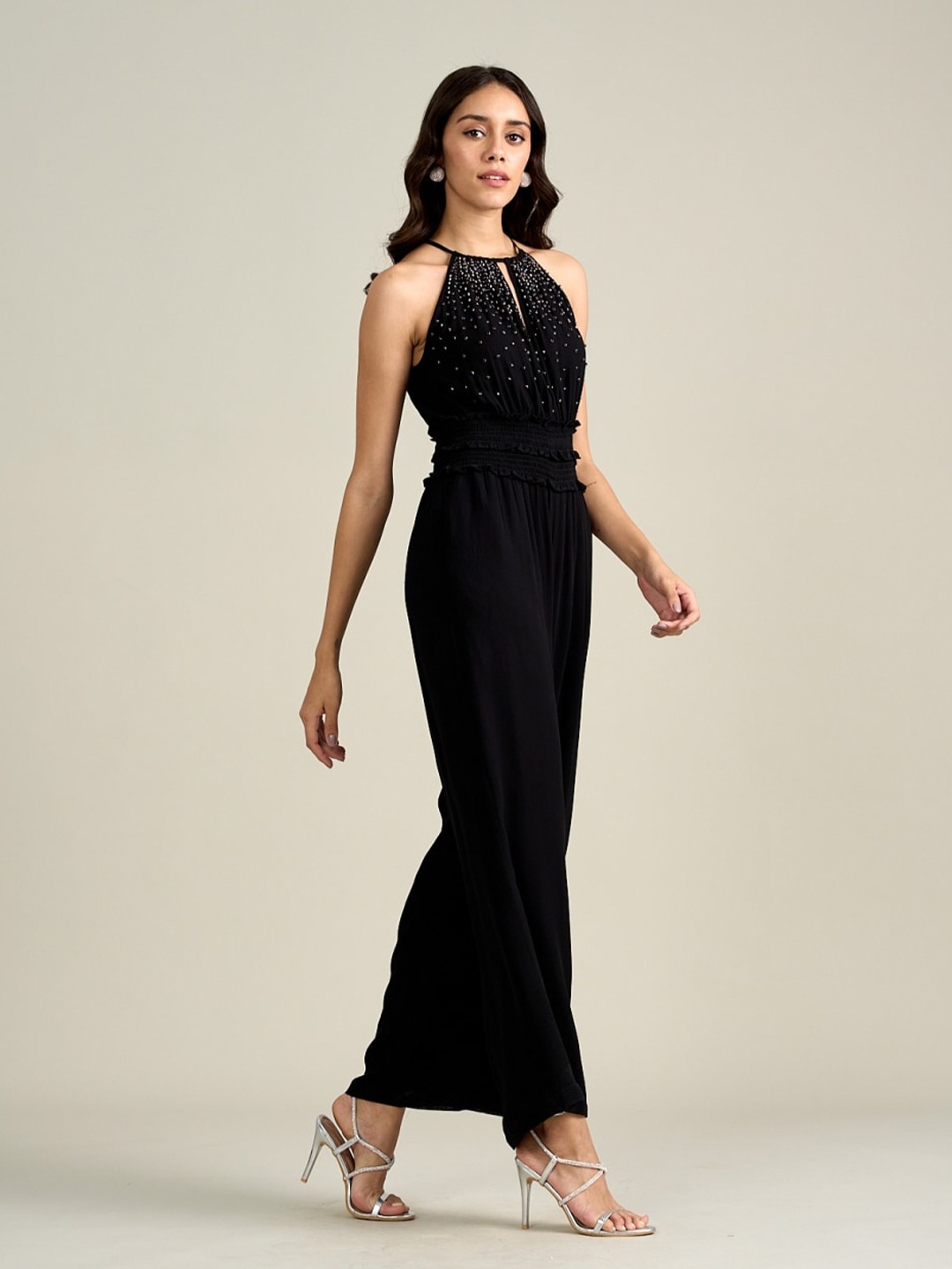 

Style Island Halter Neck Embellished Basic Jumpsuit, Black
