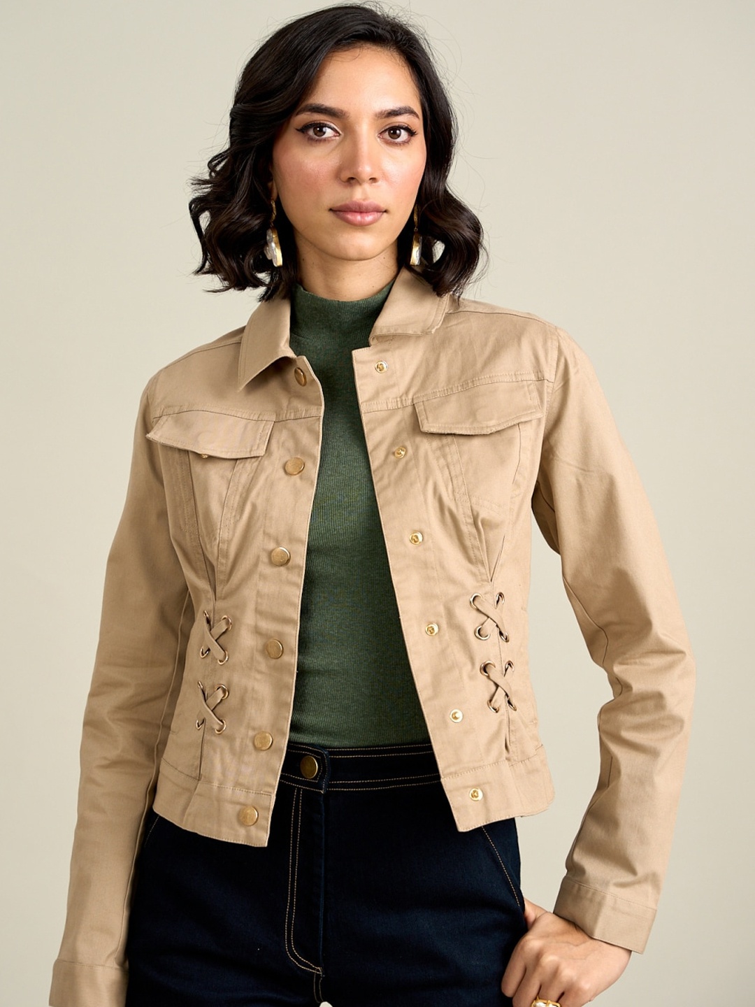 

Style Island Spread Collar Cotton Tailored Jacket, Beige