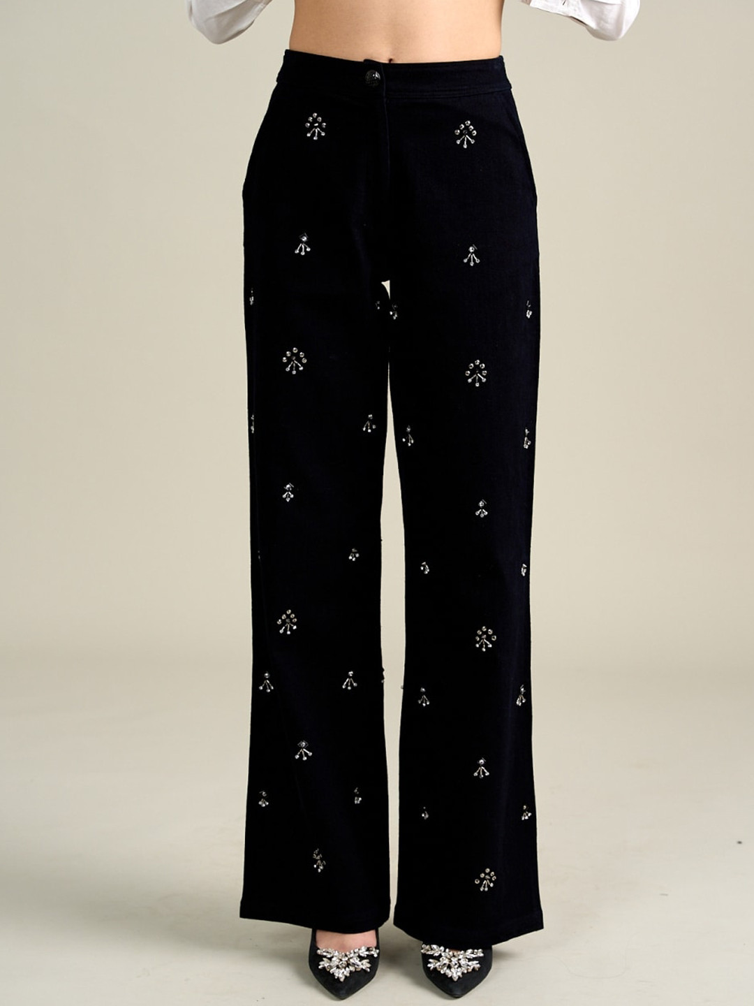 

Style Island Embroidered Straight Fit Cotton Trouser, Black