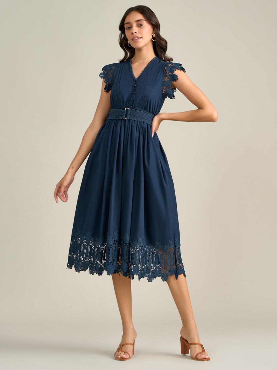 

Style Island V-Neck Belted Lace Detailed Cotton Midi Fit & Flare Dress, Navy blue