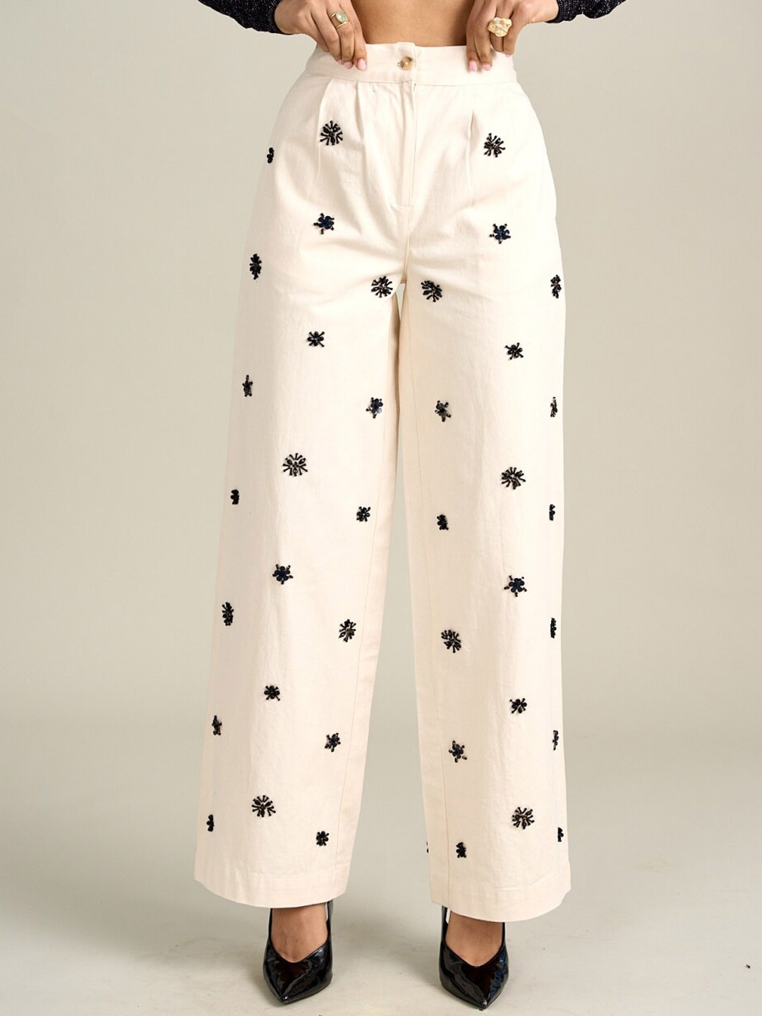 

Style Island Madison Women Embroidered Cotton Straight Fit Trouser, White