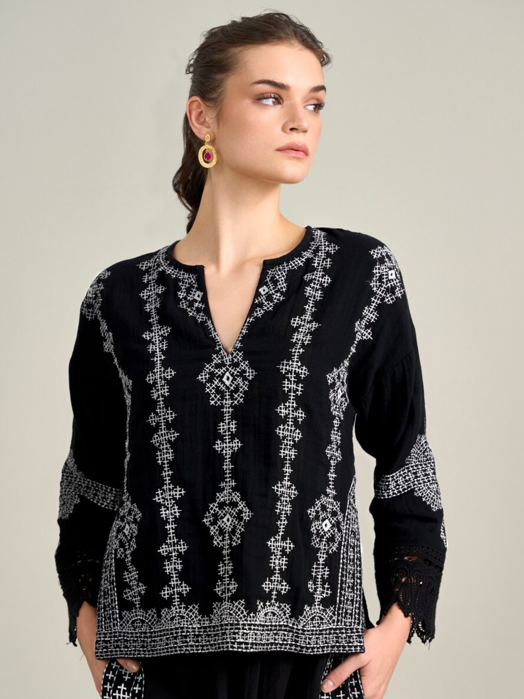 

Style Island Geometric Embroidered Bohemian Cotton Regular Top, Black