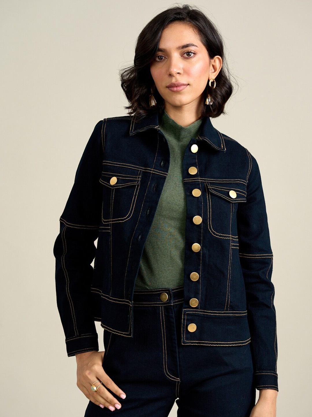 

Style Island Embroidered Spread Collar Long Sleeves Cotton Denim Jacket, Blue