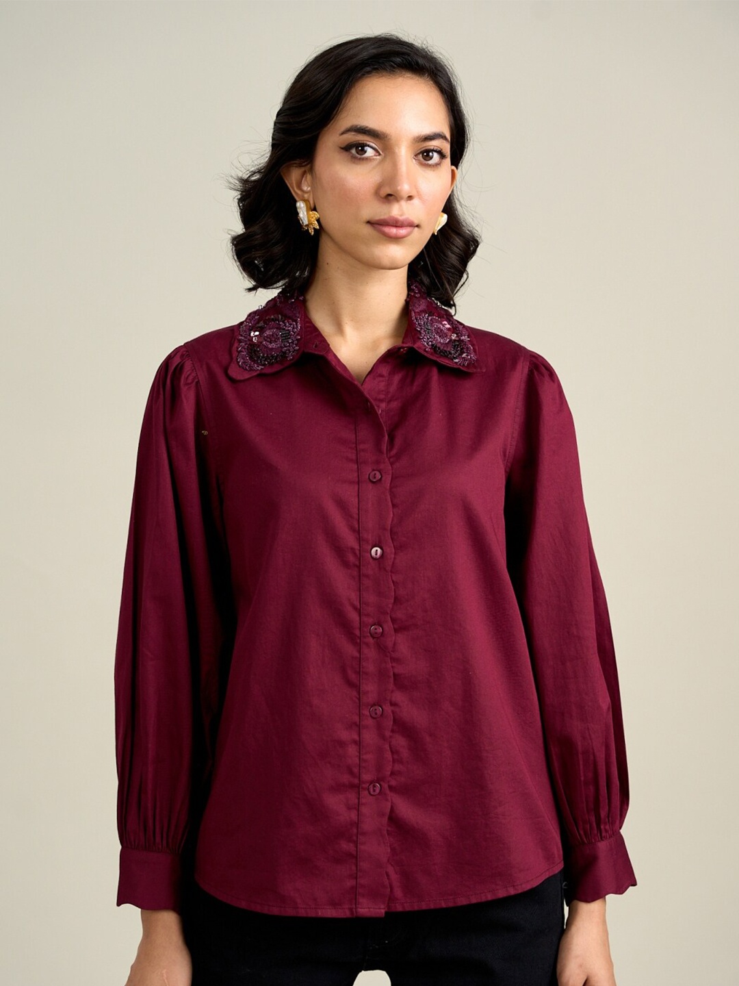 

Style Island Shirt Collar Cuffed Sleeve Embroidered Cotton Shirt Style Top, Burgundy