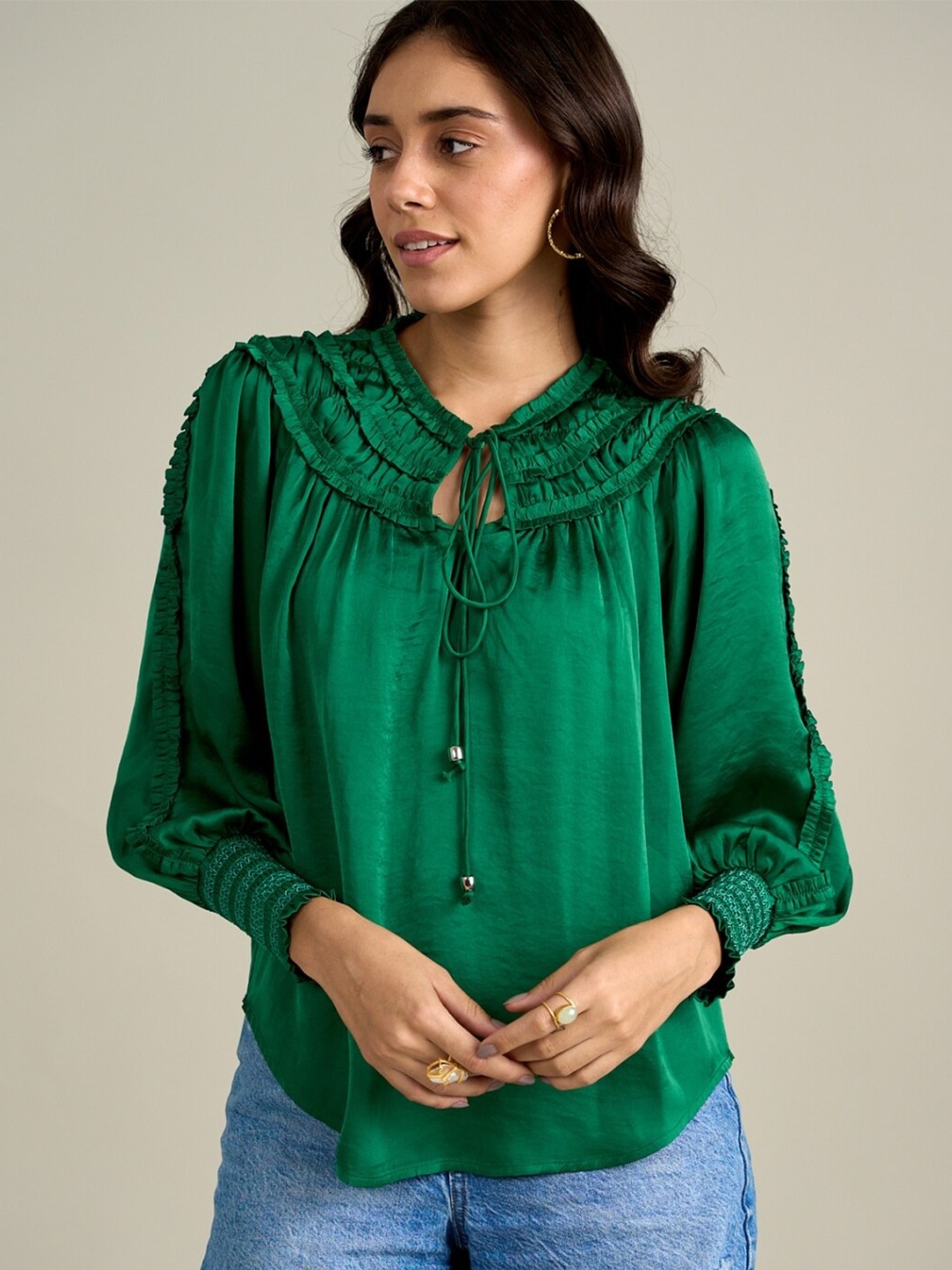 

Style Island Tie-Up Neck Ruffles Top, Green