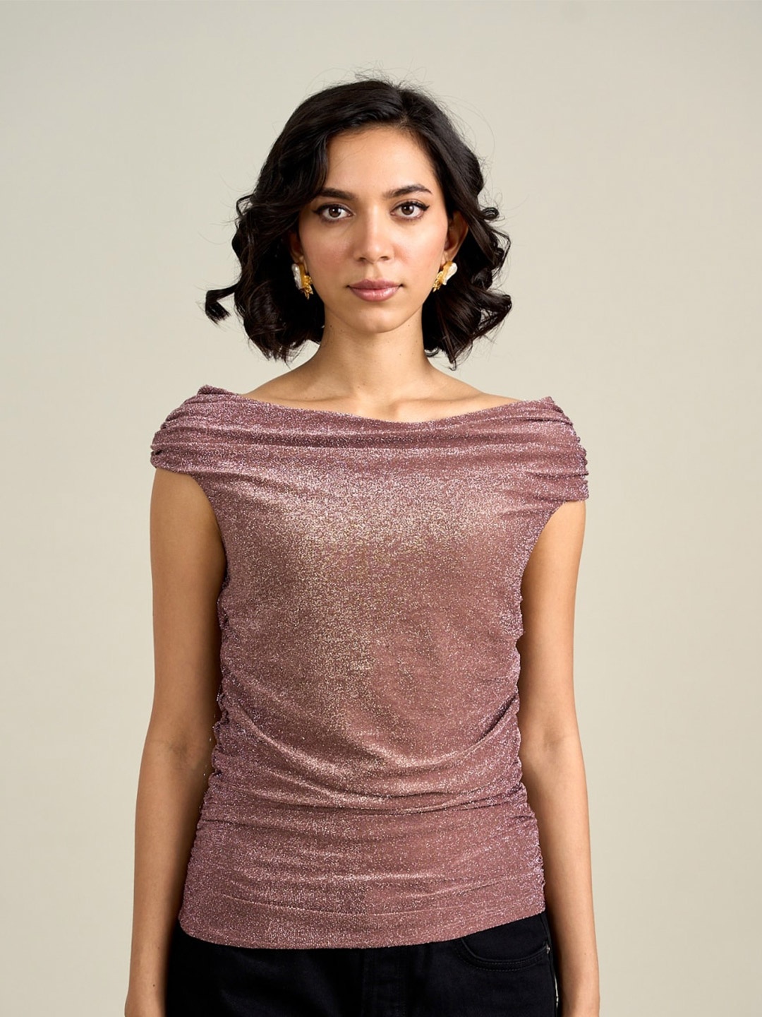 

Style Island Embellished Off-Shoulder Bling & Sparkly Regular Top, Pink