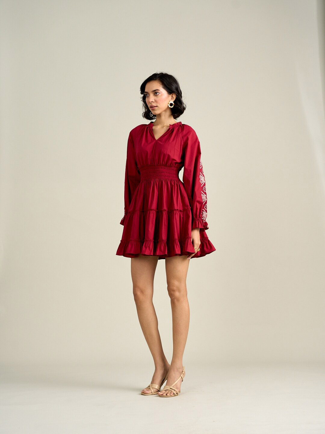

Style Island Embroidered Cuffed Sleeve Tiered Cotton Fit & Flare Mini Dress, Red