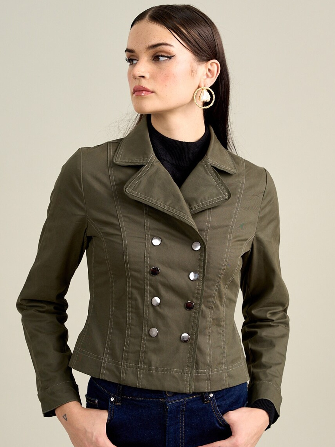 

Style Island Lapel Collar Cotton Tailored Jacket, Olive