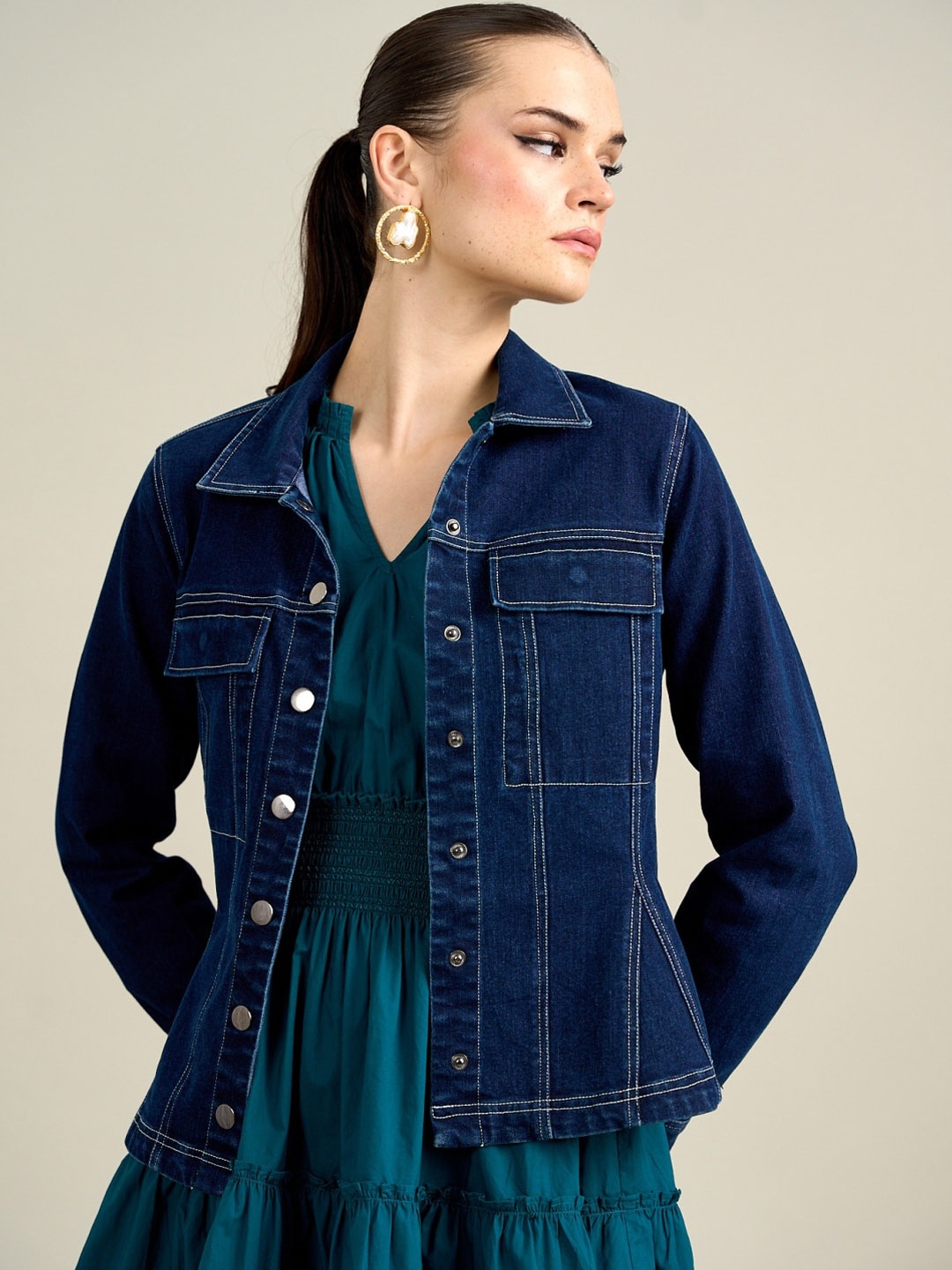 

Style Island Embroidered Spread Collar Long Sleeves Denim Jacket, Blue