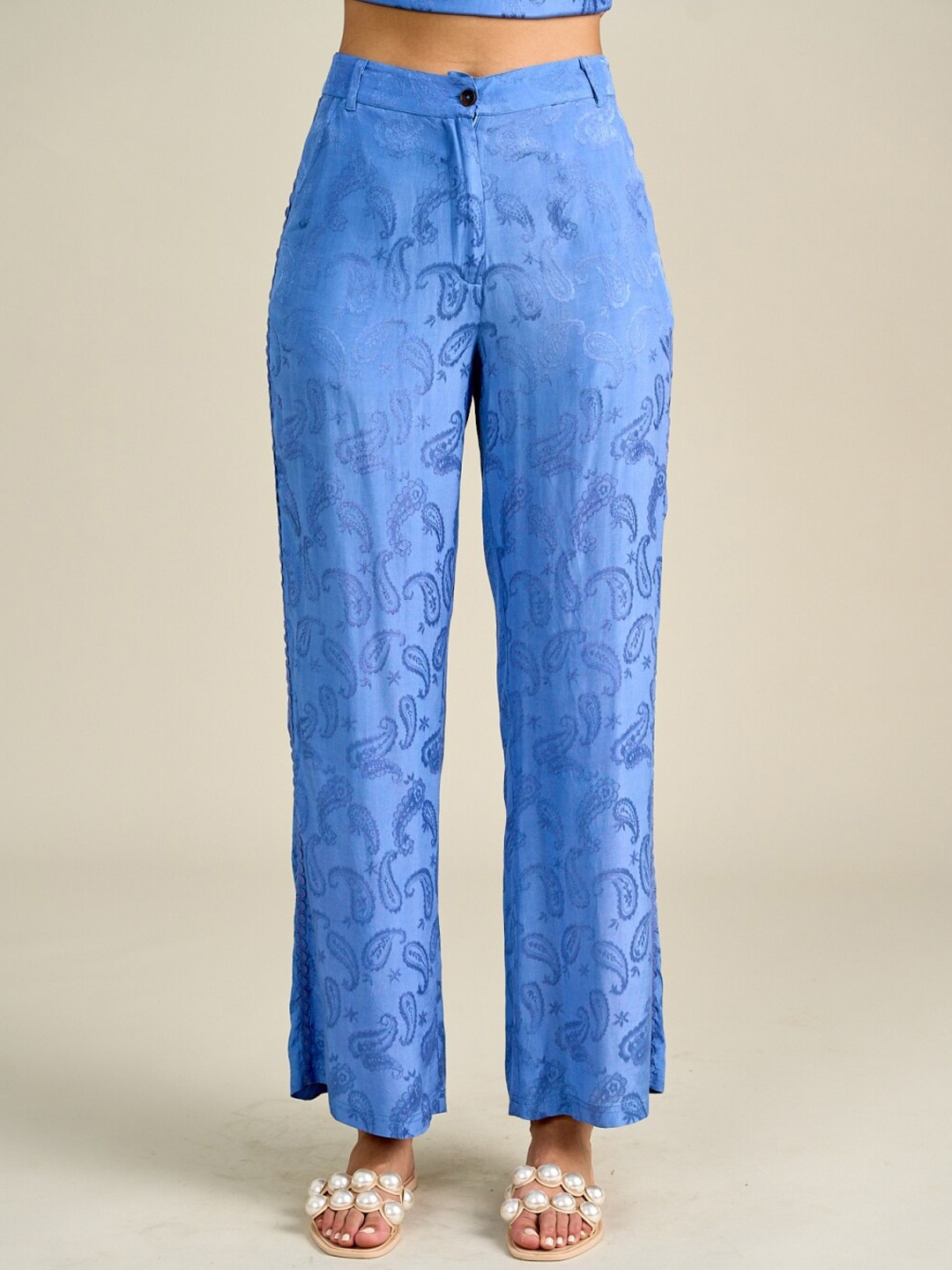 

Style Island Women Paisley Printed Jacquard Trouser, Blue