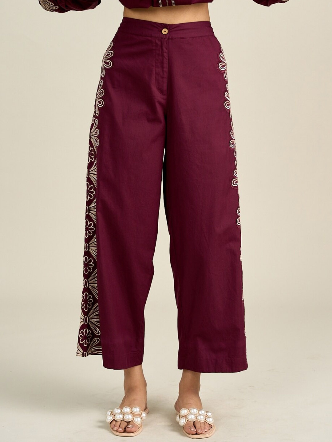 

Style Island Kate Floral Patch Work At Side Cotton Relaxed Fit Trouser, Burgundy