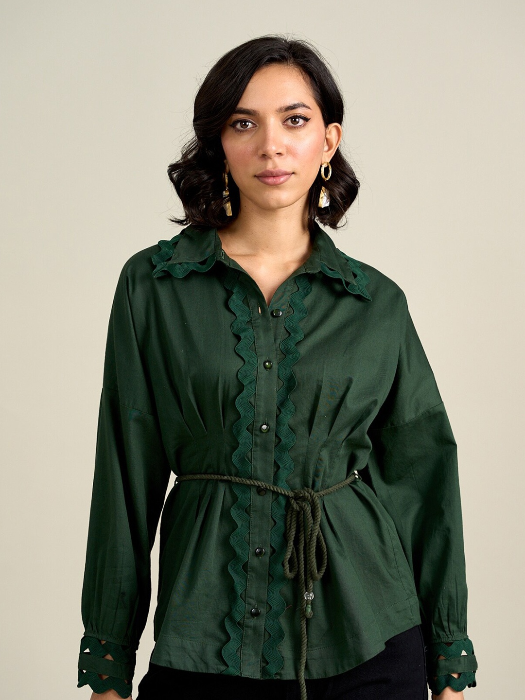 

Style Island Shirt Collar Cuffed Sleeve Tie Up Bohemian Cotton Shirt Style Top, Green