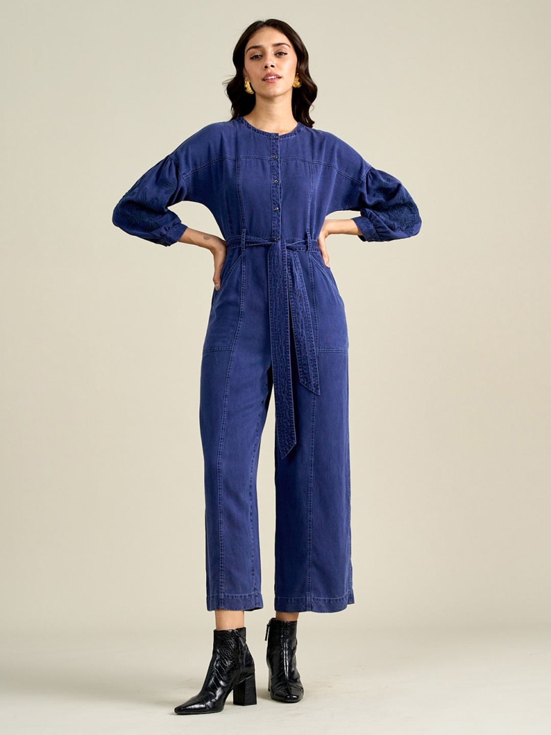 

Style Island Round Neck Waist Tie-Ups Cotton Basic Jumpsuit, Navy blue