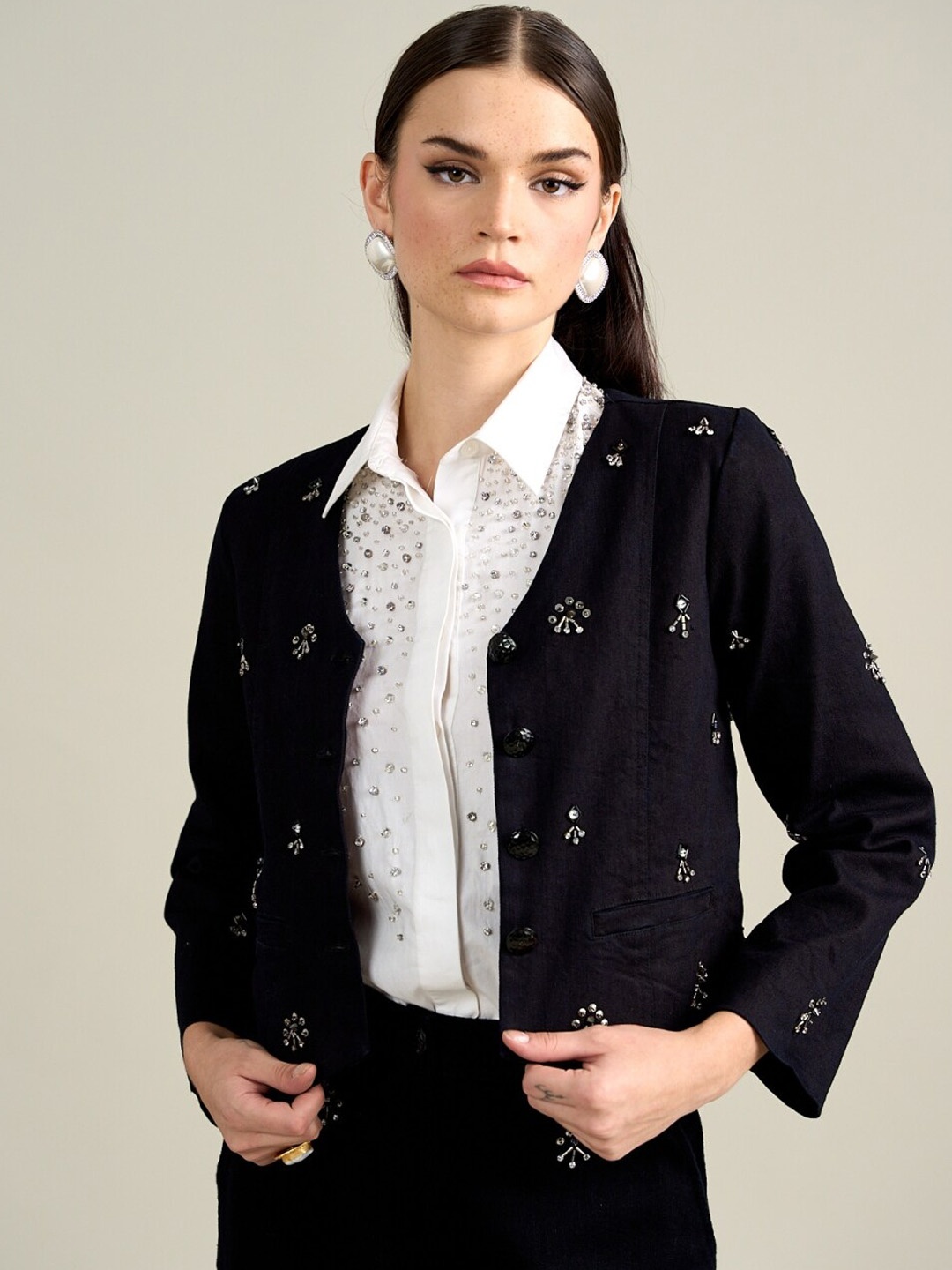 

Style Island Floral Embellished Cotton Ethnic Tailored Jacket, Black