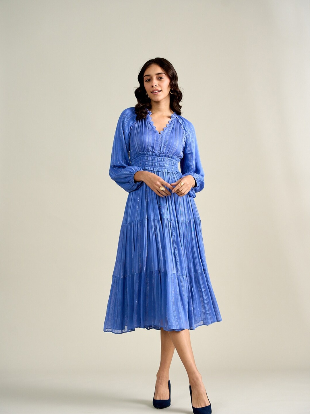

Style Island Striped Tiered Fit & Flare Midi Dress, Blue
