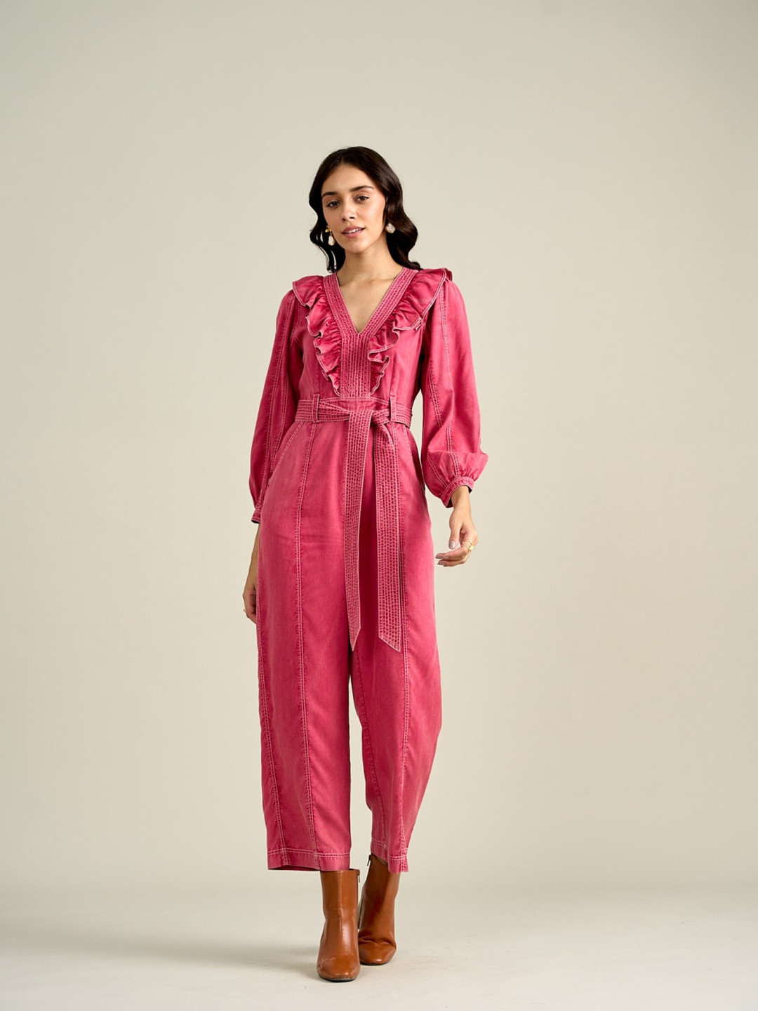 

Style Island Waist Tie-Ups Ruffled Cotton Basic Jumpsuit, Pink