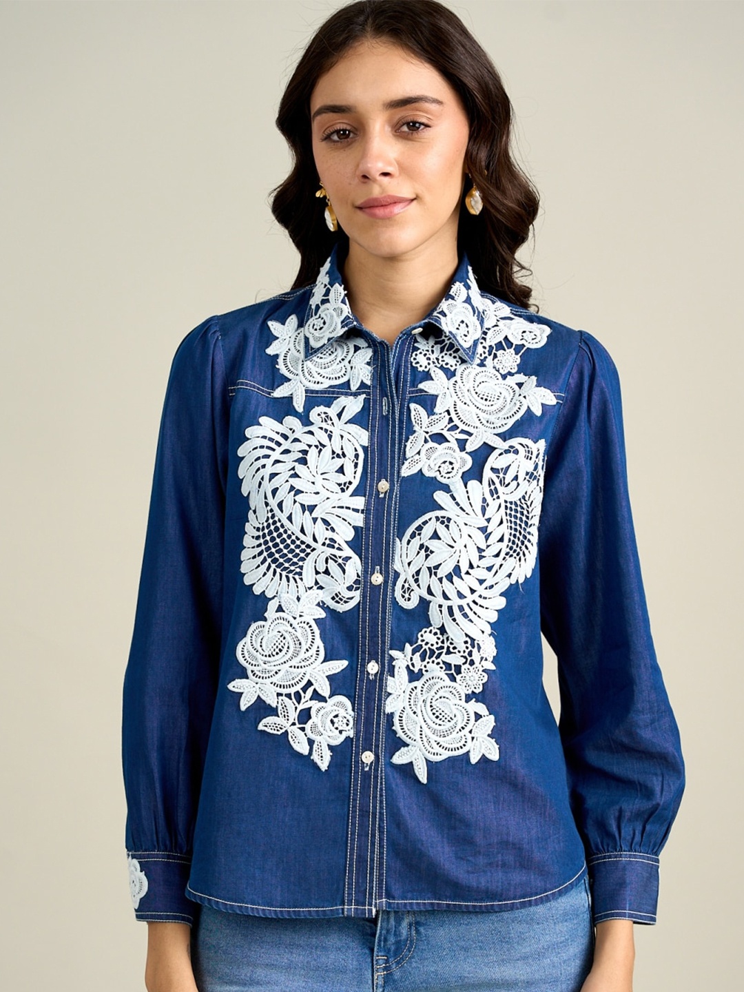 

Style Island Ethnic Motifs Embroidered Shirt Collar Bohemian Denim Shirt Style Top, Blue