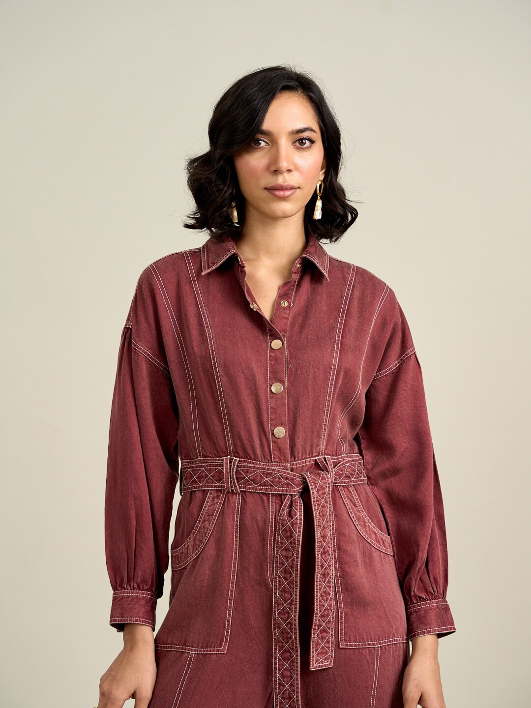 

Style Island Shirt Collar Cotton Basic Jumpsuit, Red