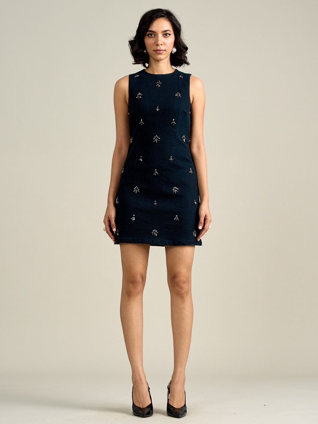 

Style Island Ethnic Motifs Embroidered Cotton Sheath Mini Dress, Black