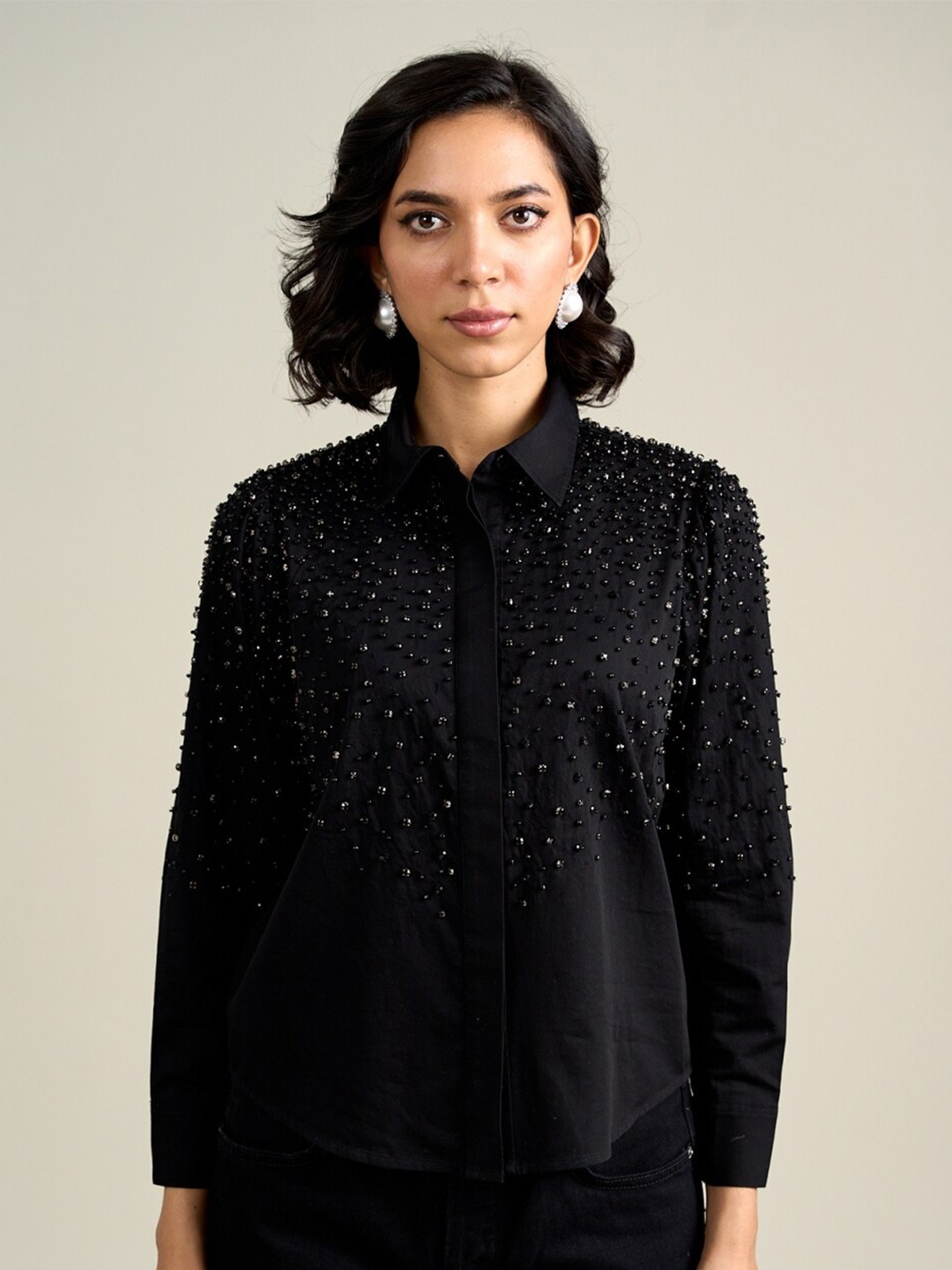 

Style Island Embellished Shirt Collar Sequined Bling & Sparkly Cotton Shirt Style Top, Black