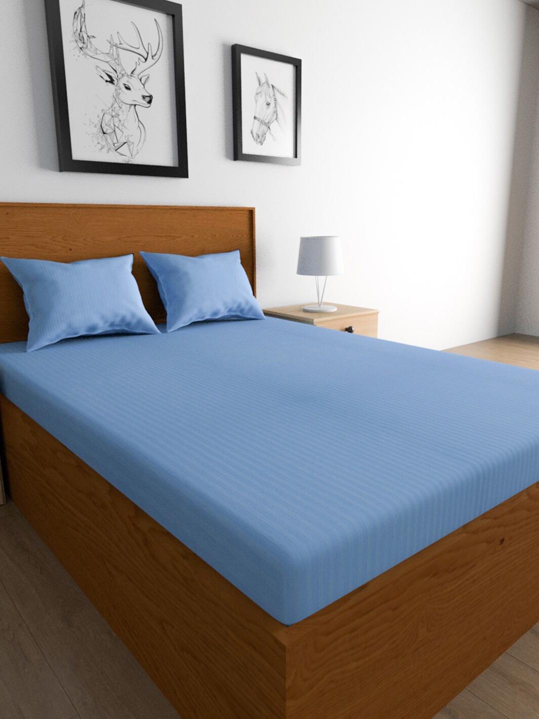 

TEAL BY CHUMBAK Blue Striped Satin 210 TC King Bedsheet with 2 Pillow Covers