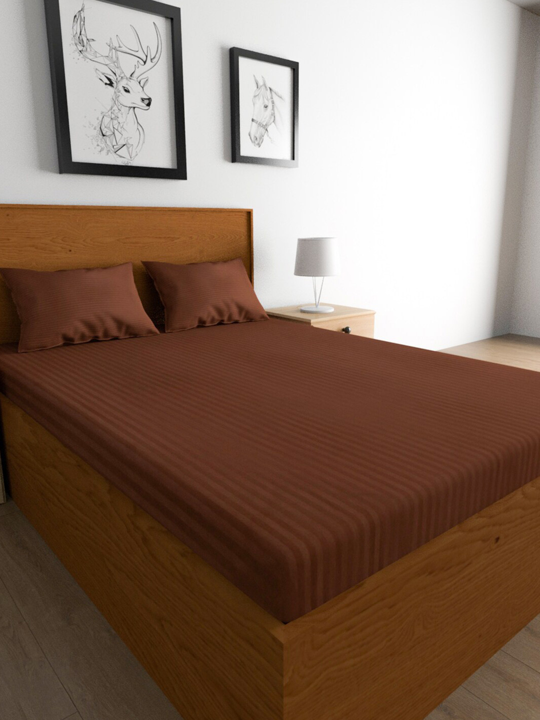 

TEAL BY CHUMBAK Coffee Brown Striped Satin 210 TC King Bedsheet with 2 Pillow Covers