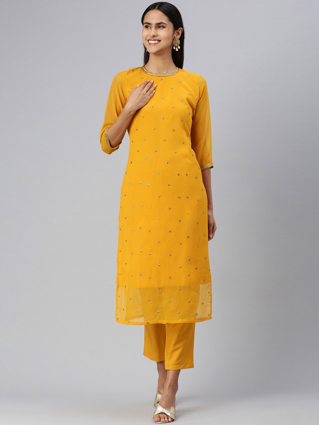 

KALINI Sequinned Embellished Straight Kurta with Trousers, Yellow