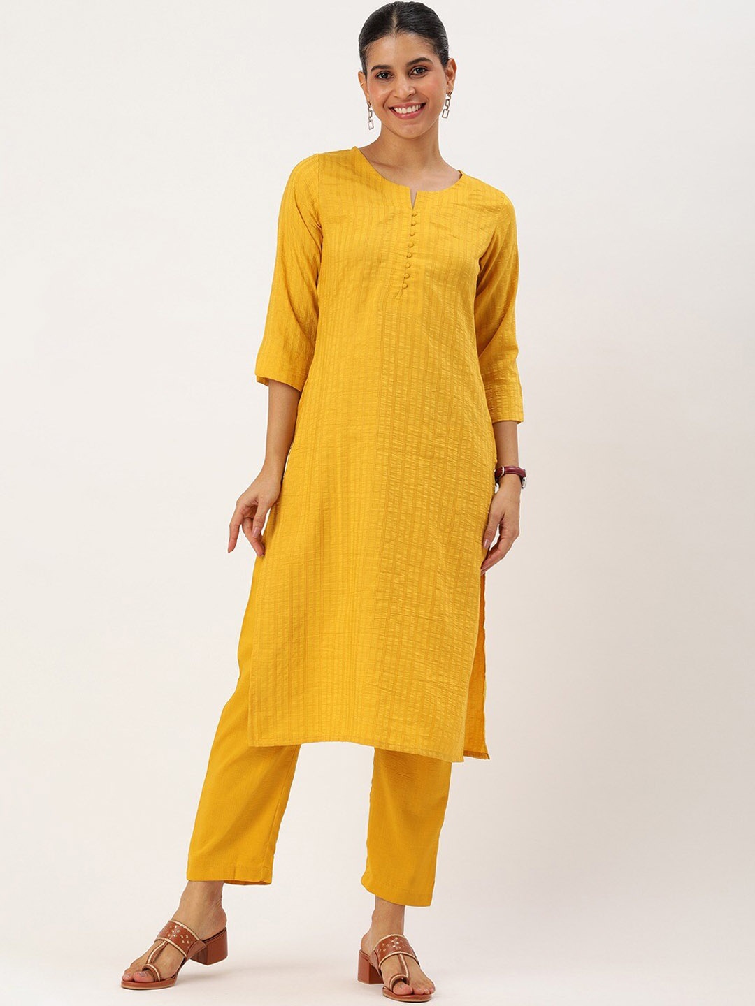 

KALINI Self Design Striped Kurta With Trousers, Yellow