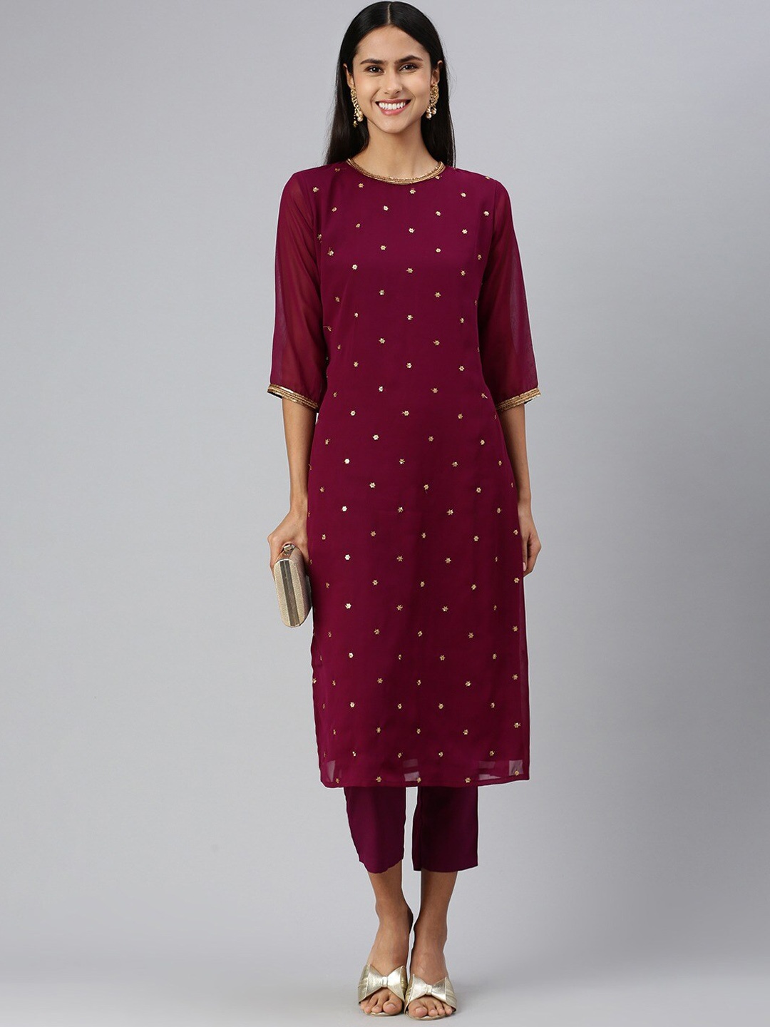 

KALINI Sequinned Embellished Straight Kurta with Trousers, Purple