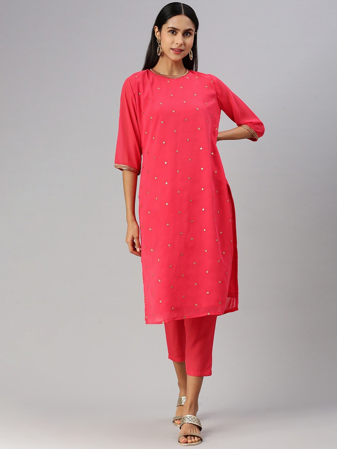 

KALINI Ethnic Motifs Embroidered Sequinned Straight Kurta with Trousers, Peach