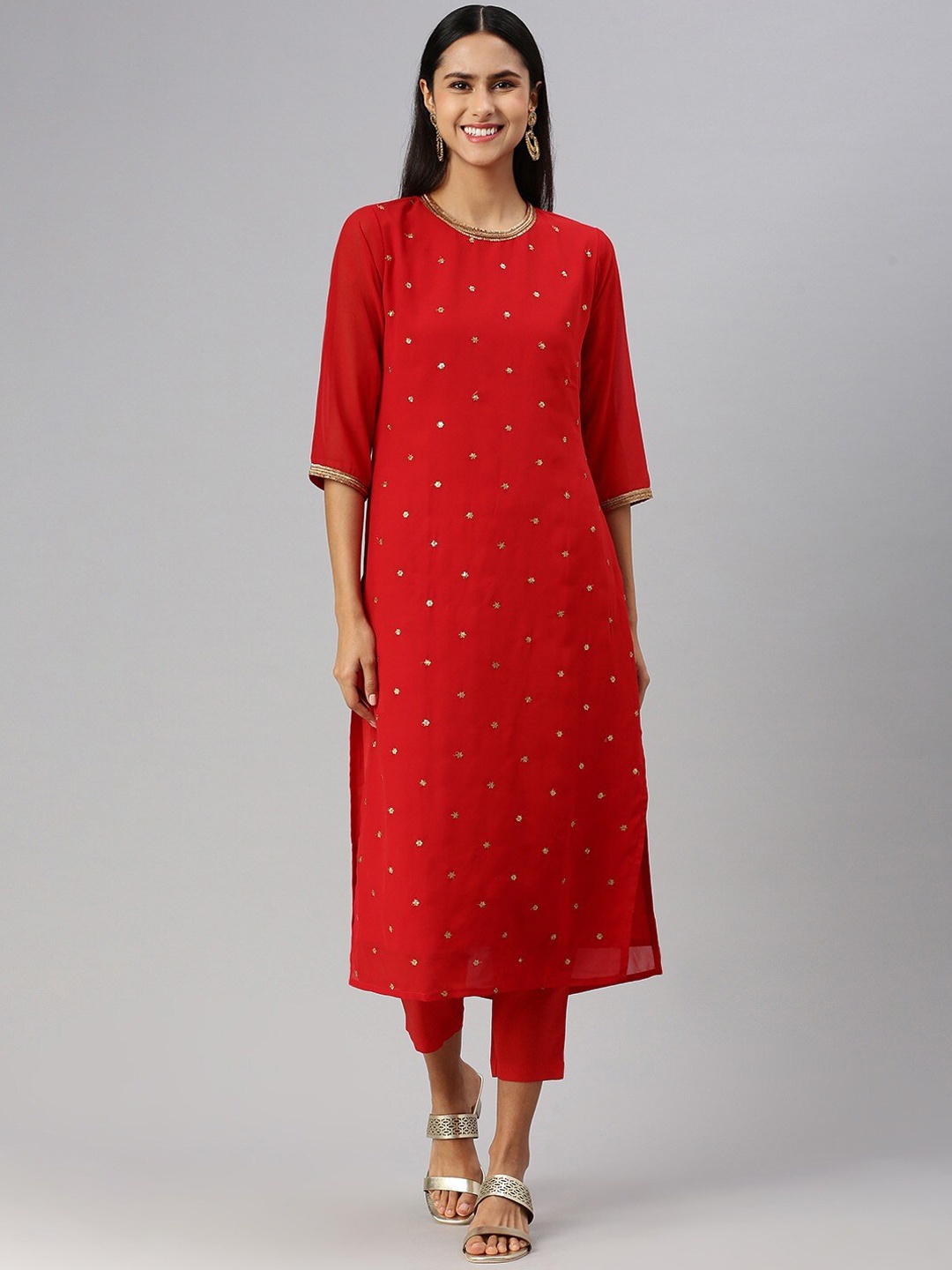

KALINI Ethnic Embroidered Sequined Straight Kurta with Trousers, Red