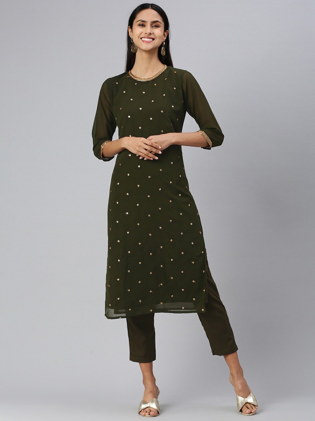 

KALINI Ethnic Embroidered Sequined Straight Kurta with Trousers, Olive
