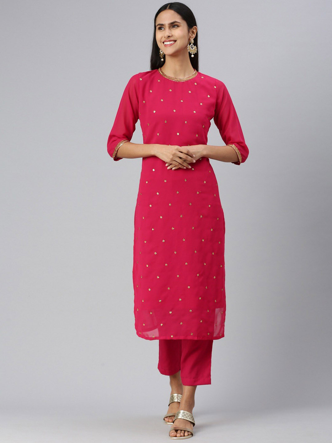 

KALINI Embroidered Sequinned Regular Straight Kurta With Trousers, Magenta