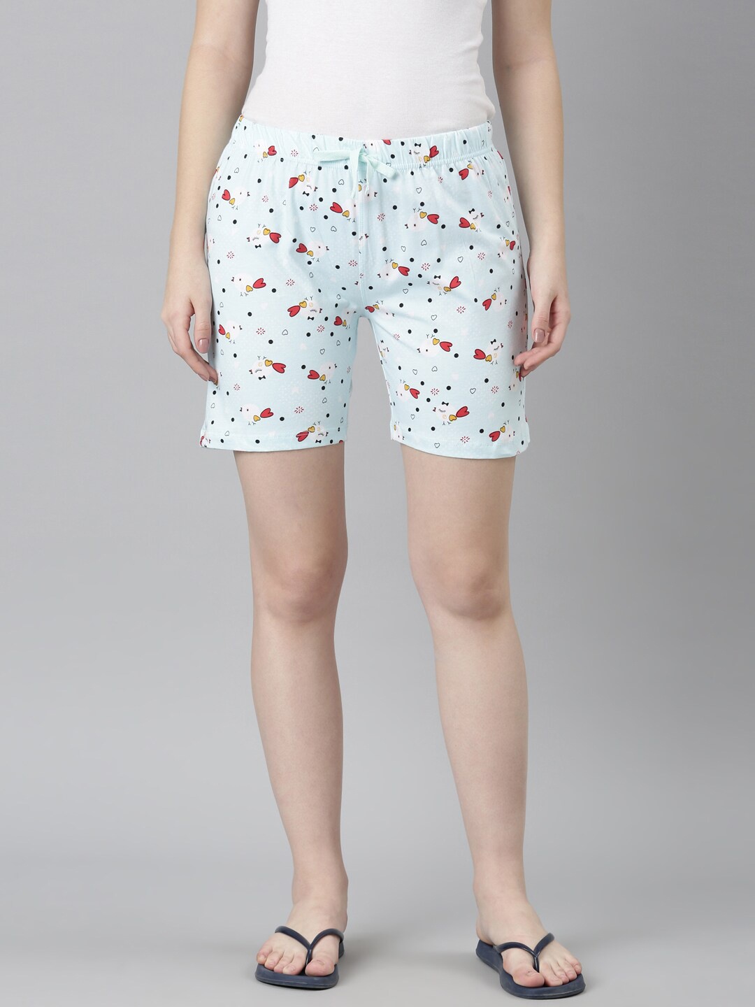 

TWIN BIRDS Women Printed Pure Cotton Lounge Shorts, Blue