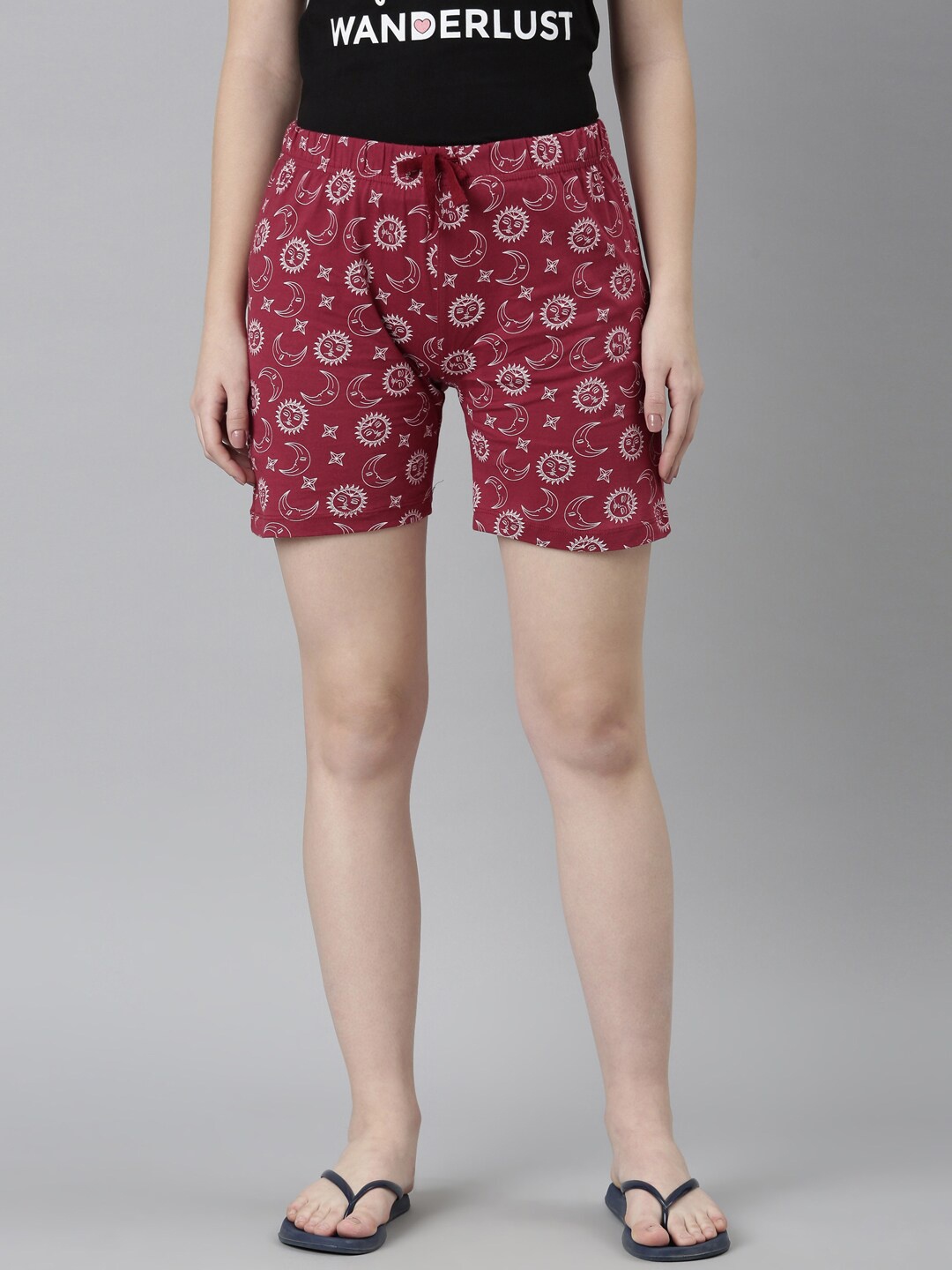 

TWIN BIRDS Women Printed Pure Cotton Lounge Shorts, Maroon