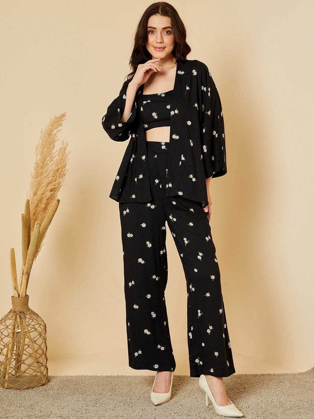 

MAGRE Floral Printed Top, Trousers & Shrug Co-Ords, Black