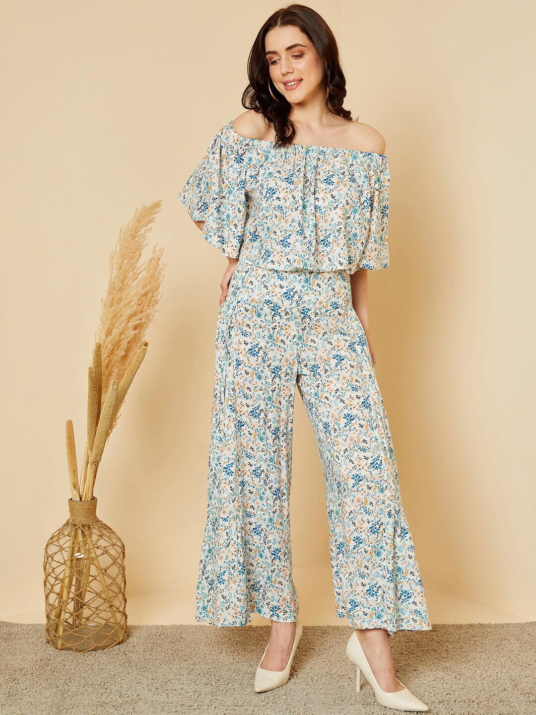 

MAGRE White & Blue Floral Printed Off-Shoulder Top With Palazzos