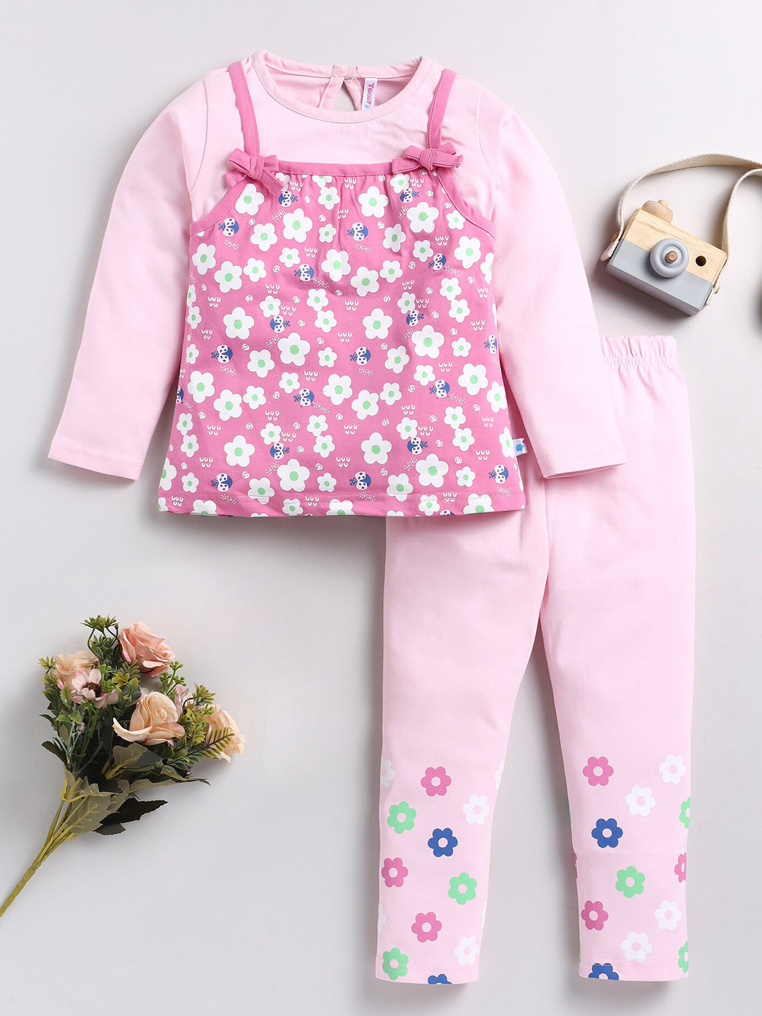 

Toonyport Girls Floral Printed Pure Cotton Top with Trousers, Pink