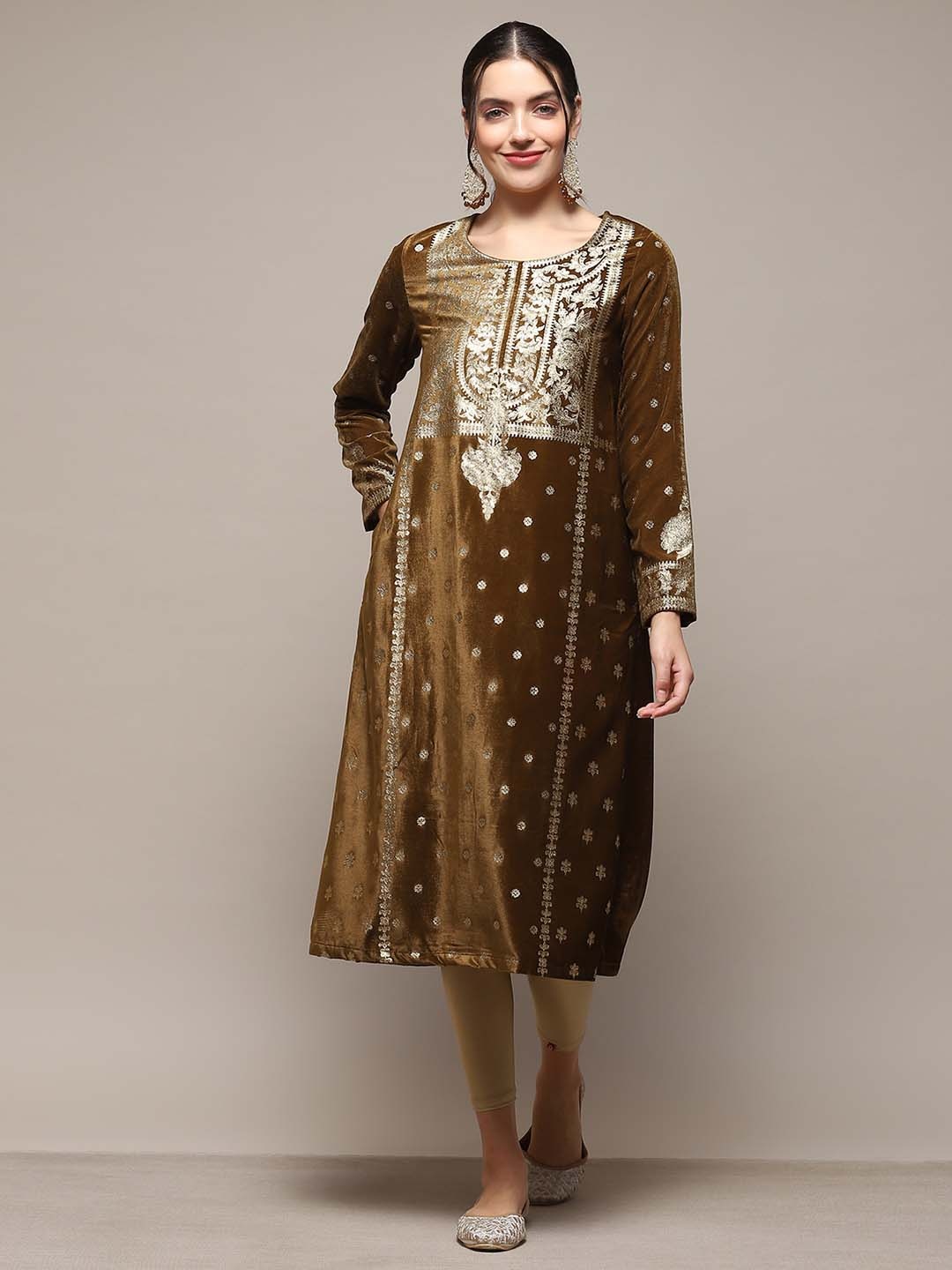 

Biba Ethnic Motifs Embroidered Pure Cotton Straight Kurta, Olive