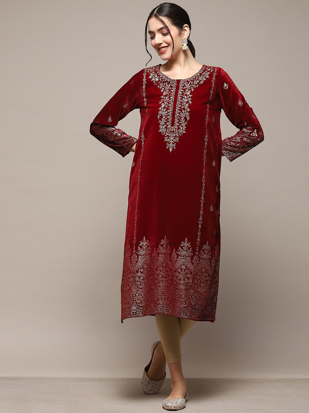 

Biba Ethnic Motifs Printed Pure Cotton Straight Kurta, Maroon