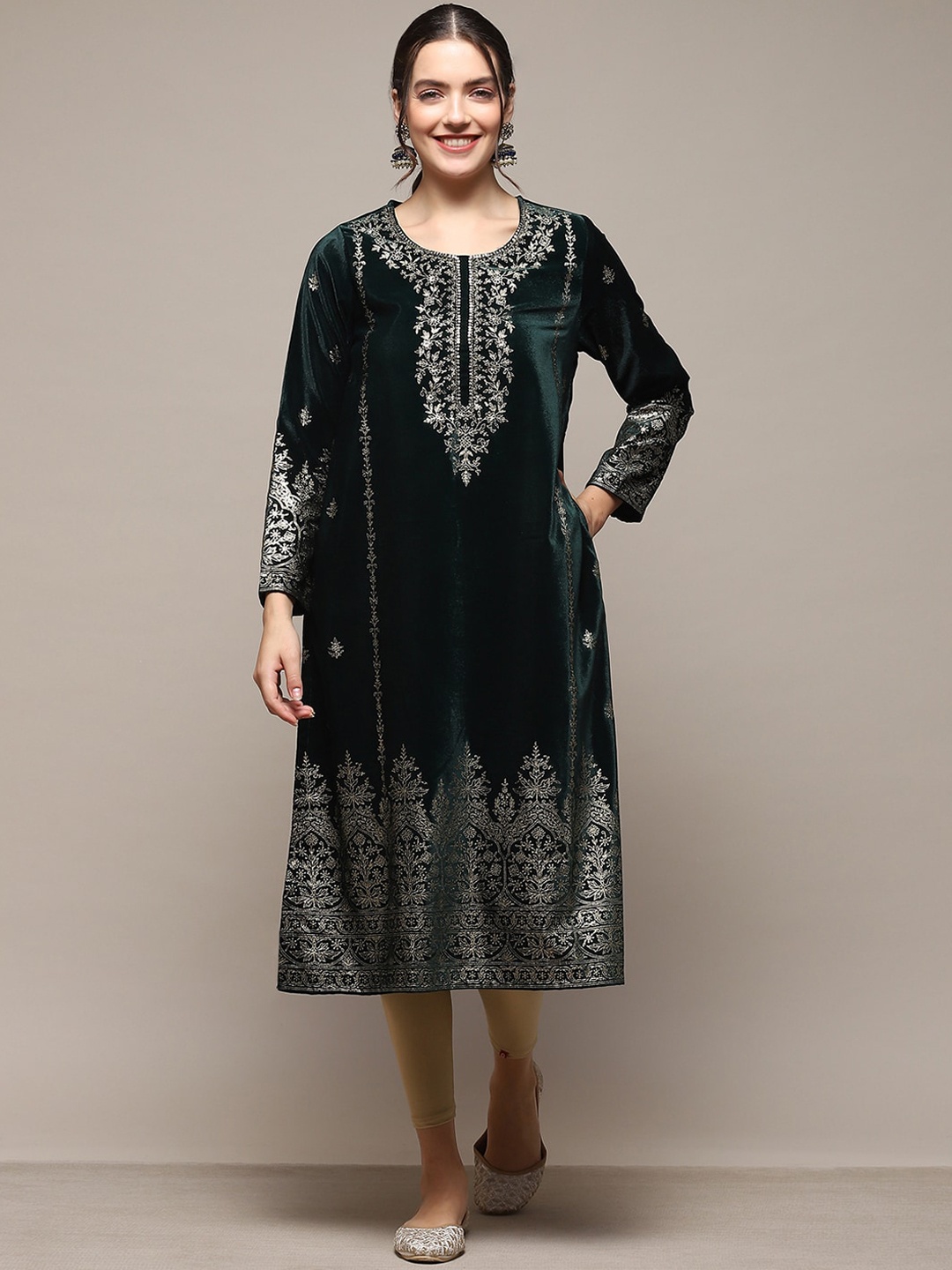 

Biba Yoke Design Foil Printed Straight Pure Cotton Kurta, Green