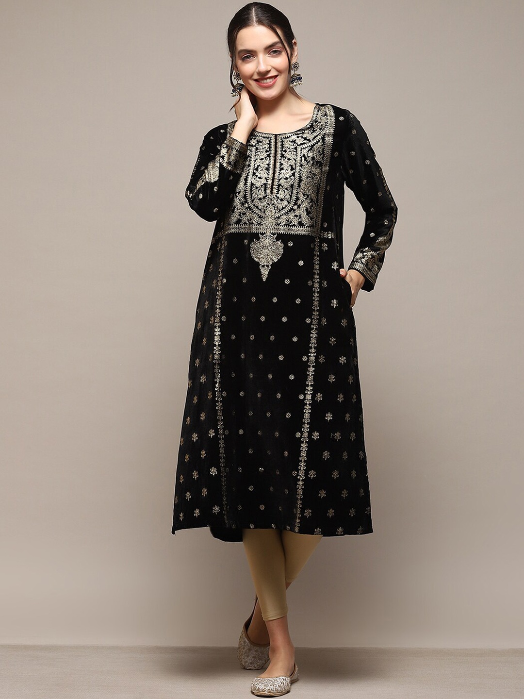 

Biba Ethnic Motifs Embroidered Cotton A-Line Kurta, Black