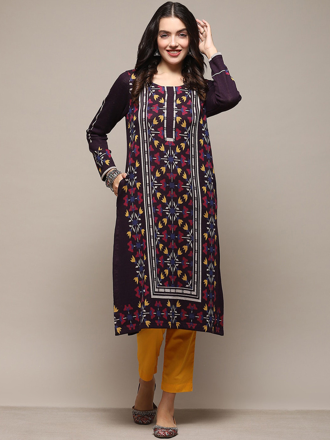 

Biba Woven Design Pure Cotton Straight Kurta, Purple