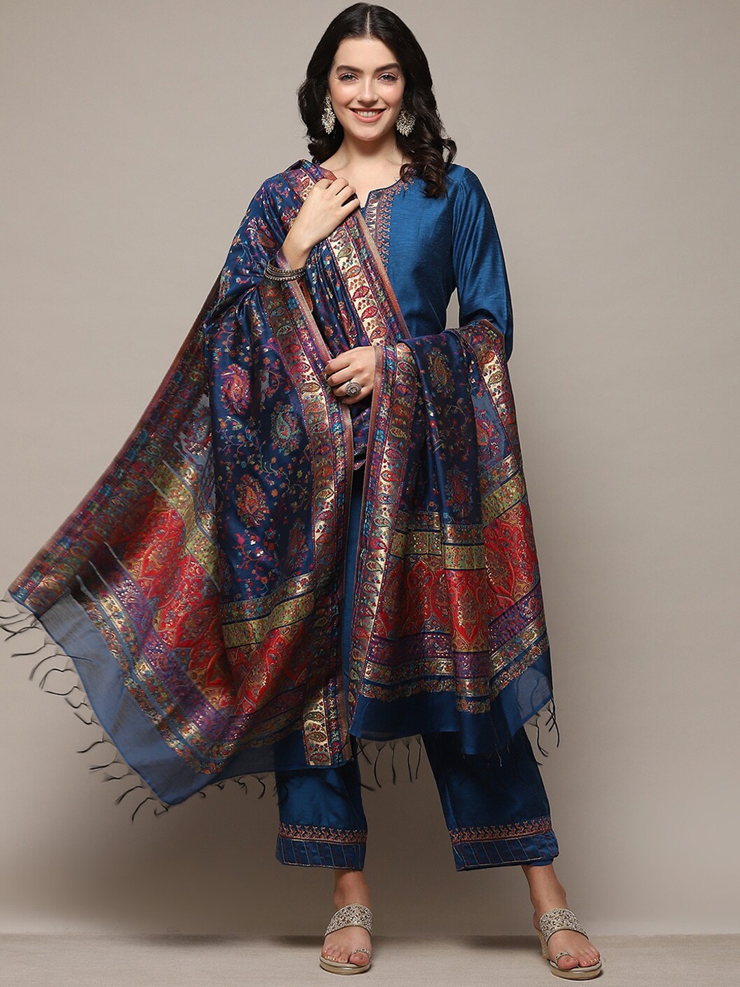 

Biba Ethnic Motifs Yoke Design Thread Work Kurta With Trousers And Dupatta, Blue