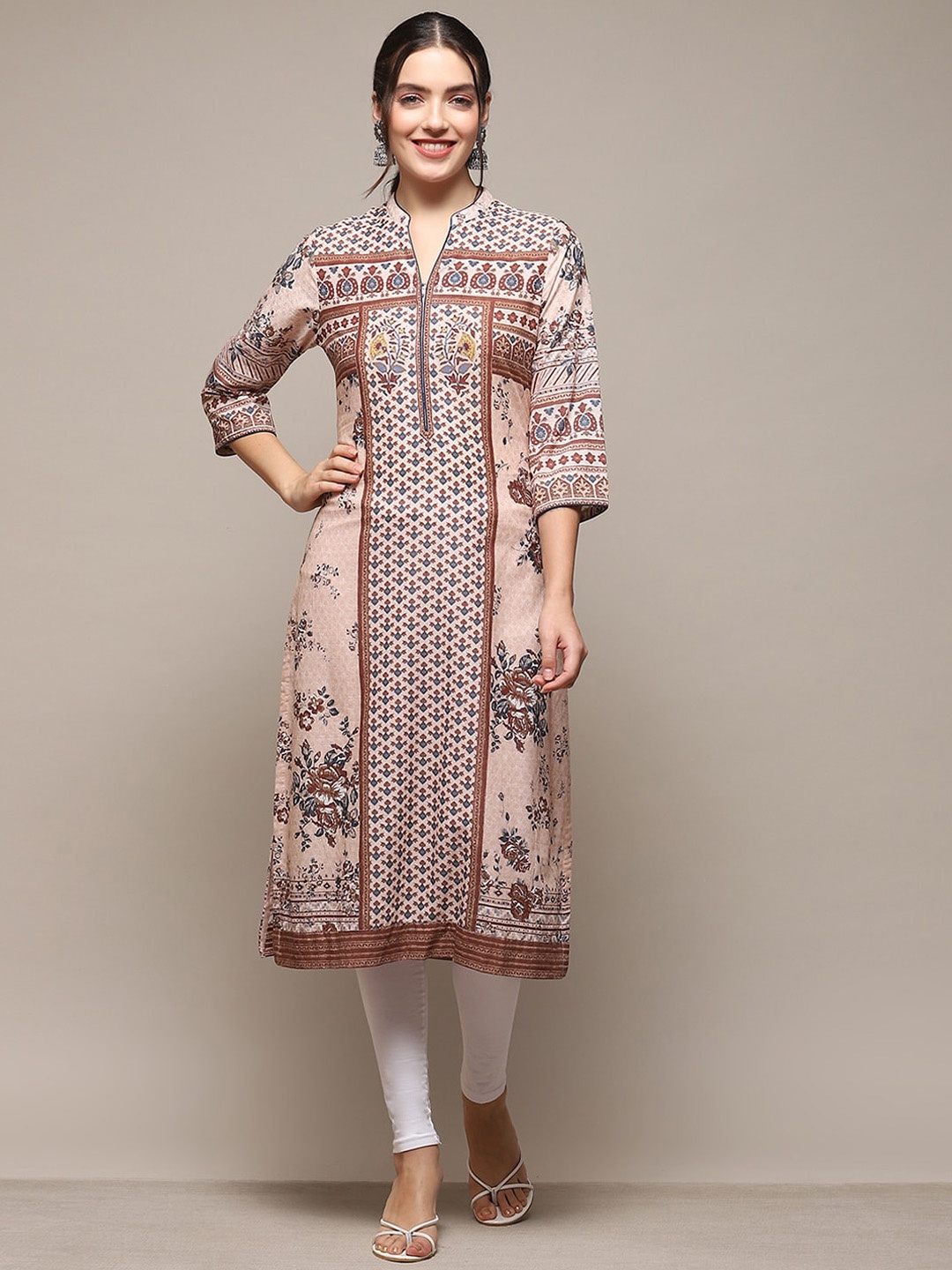 

Biba Ethnic Motifs Printed Round Neck A-Line Kurta, Beige
