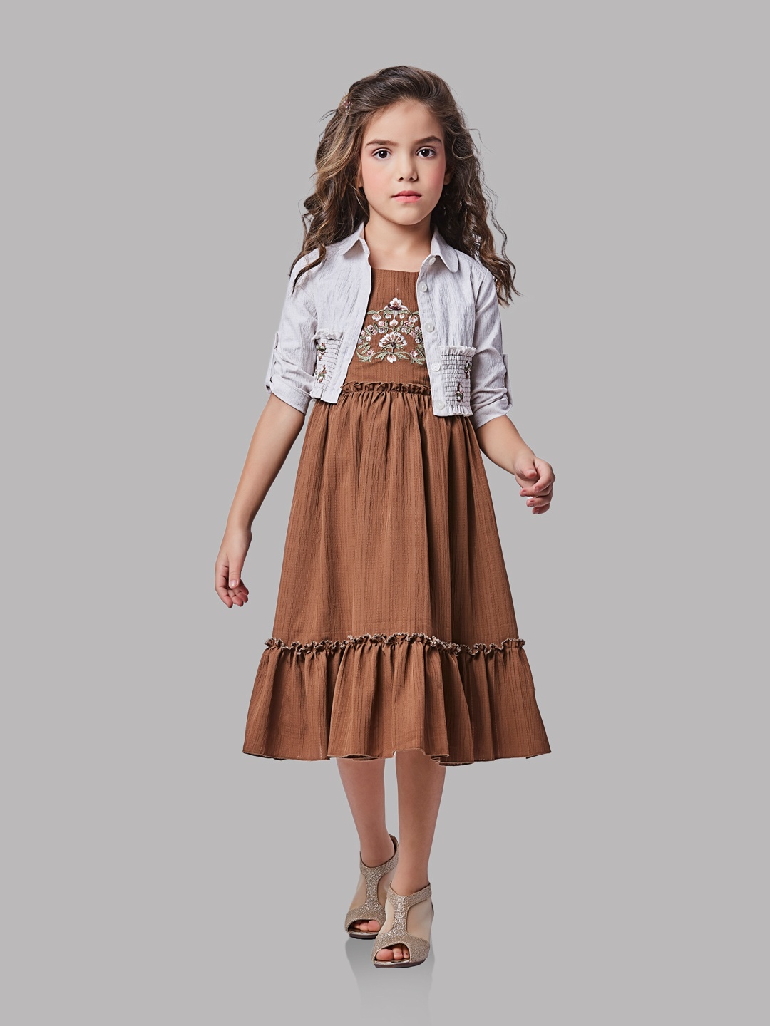 

Peppermint Girls Floral Embroidered Cotton Tiered Fit & Flare Midi Dress With Jacket, Brown